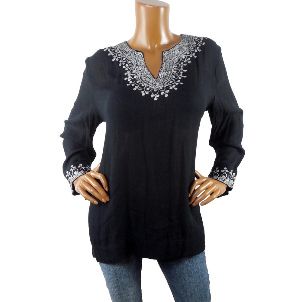 525 AMERICA Top M Black Tunic Shirt Silver Embroidery V-Neck Blouse Runs Large